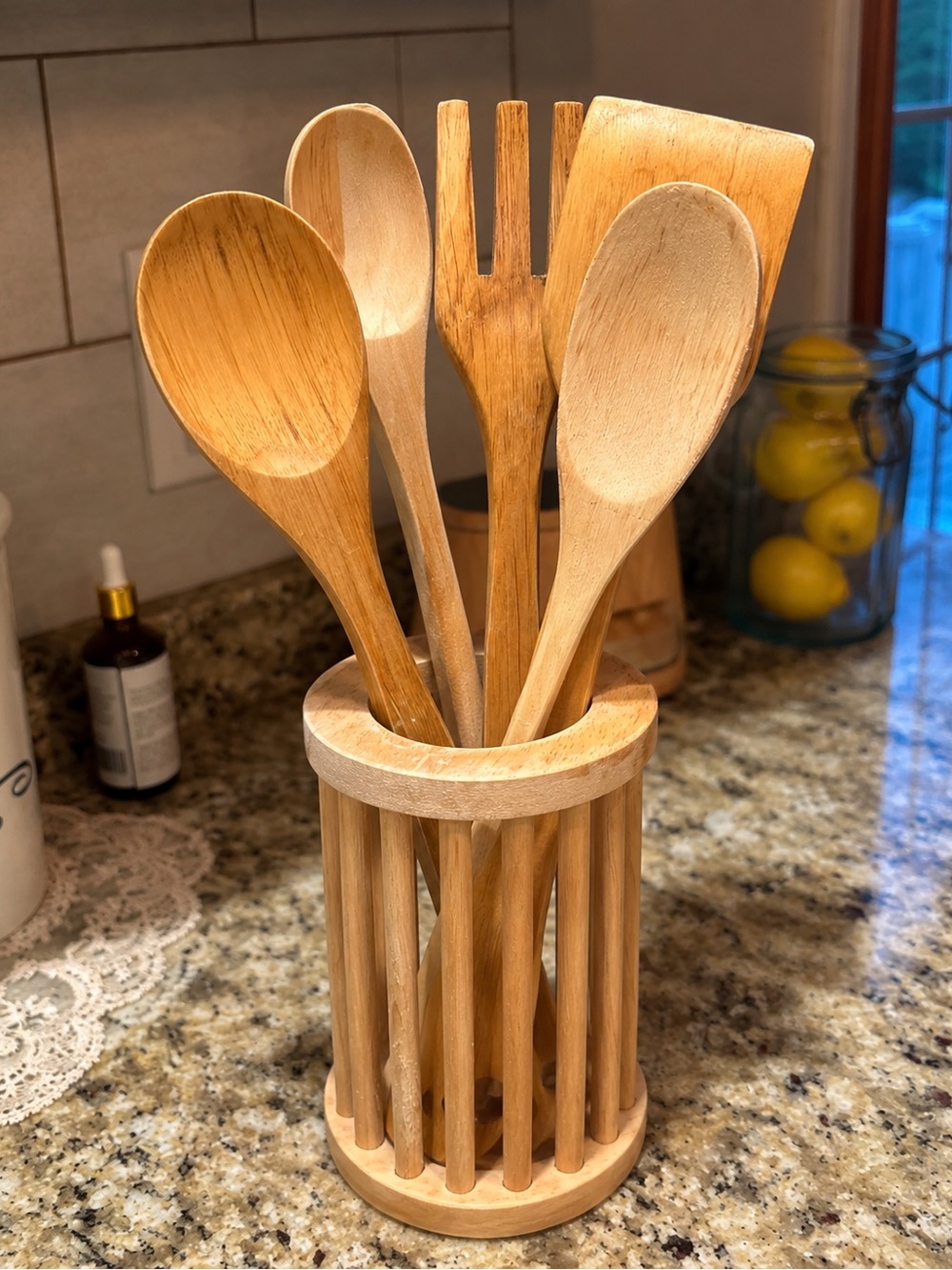 Wood Utensil Holder Set 5 Piece Kitchen Cooking Utensils Farmhouse